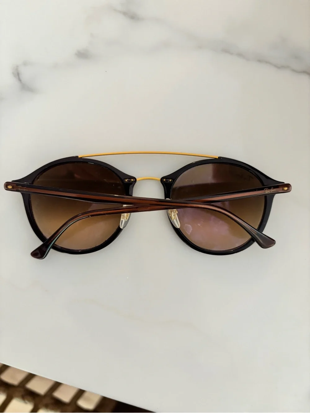 RayBan Round Black Frame Sunglasses with Gold Double Bridge